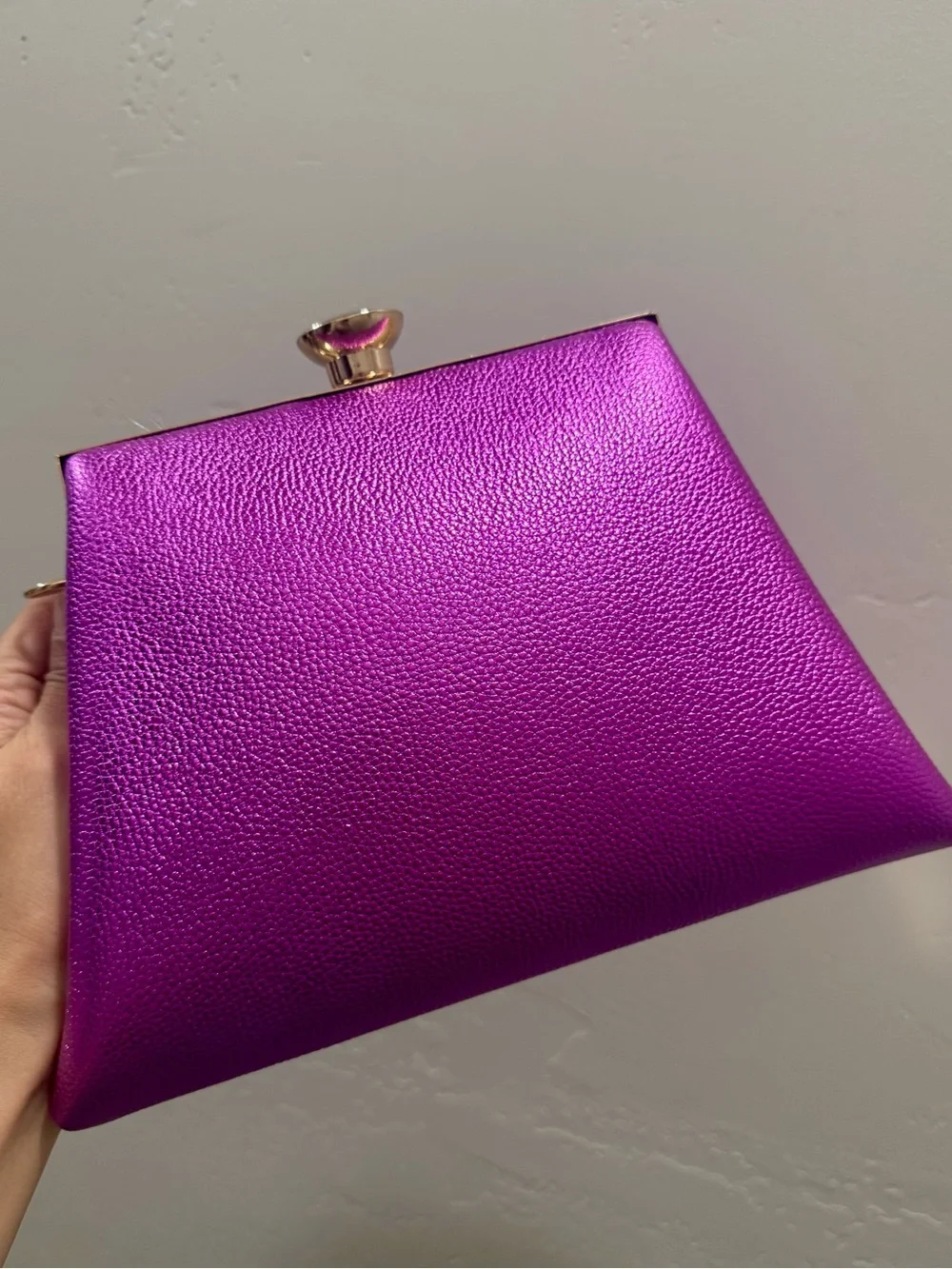 Metallic Purple Pebble Cowhide Handmade Push Lock Boxy Bag, Multi Use Style Bag